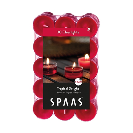 Theelicht Clearlights, rond, true red, rood, 3.8 x 1.9 cm, geur: Tropical Delight, brandtijd: 4.5 u, 30 stuk(s)