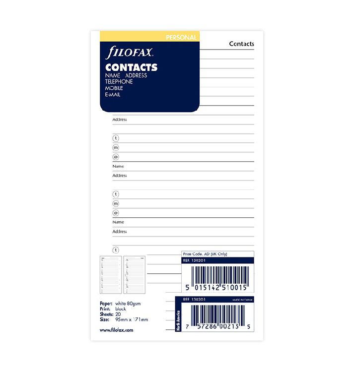 Agendavulling Filofax Org Und Personal Name, Address, Email, Telephone, Fax, agenda, geschikt voor Filofax